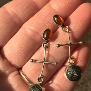 Sterling Silver Hand carved Moon Face Drop Earrings Amber & Black Stone Vintage